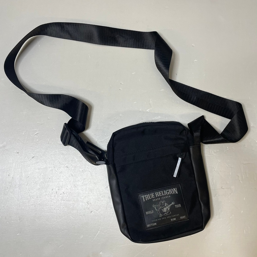 True Religion Crossbody Bag Mens OS Black Faux Leather Trim Logo Messenger Bag